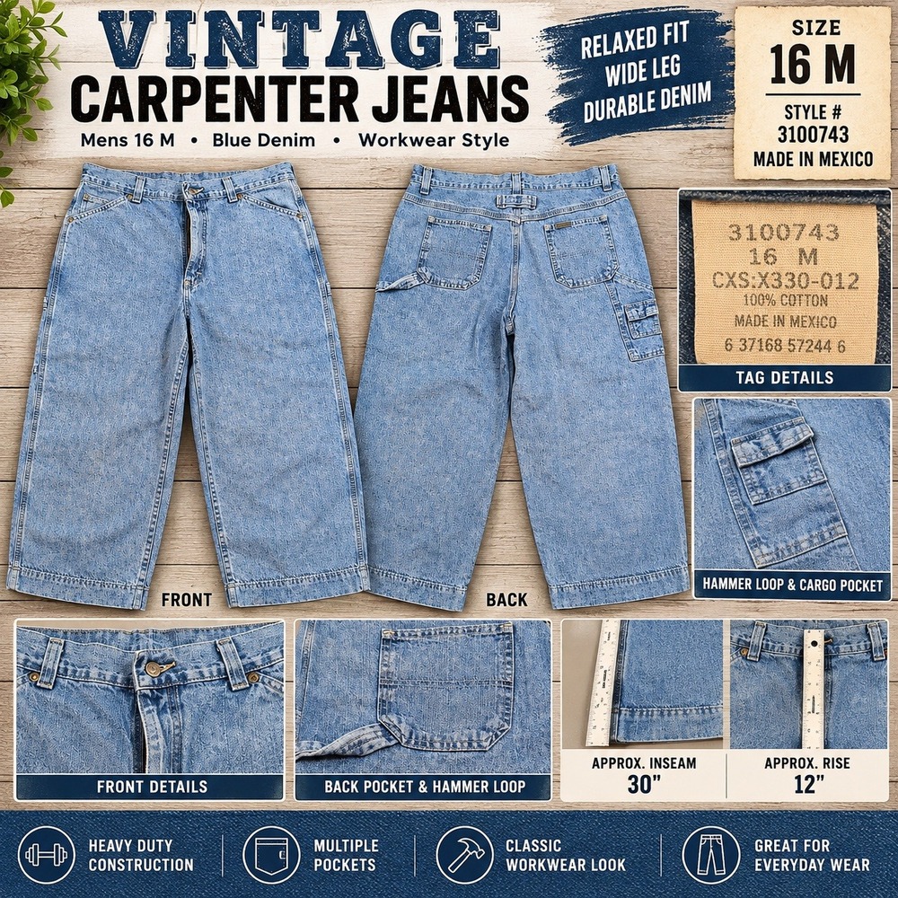 Vintage Carpenter Jeans Mens 16 M Blue Denim Relaxed Wide Leg Workwear 3100743